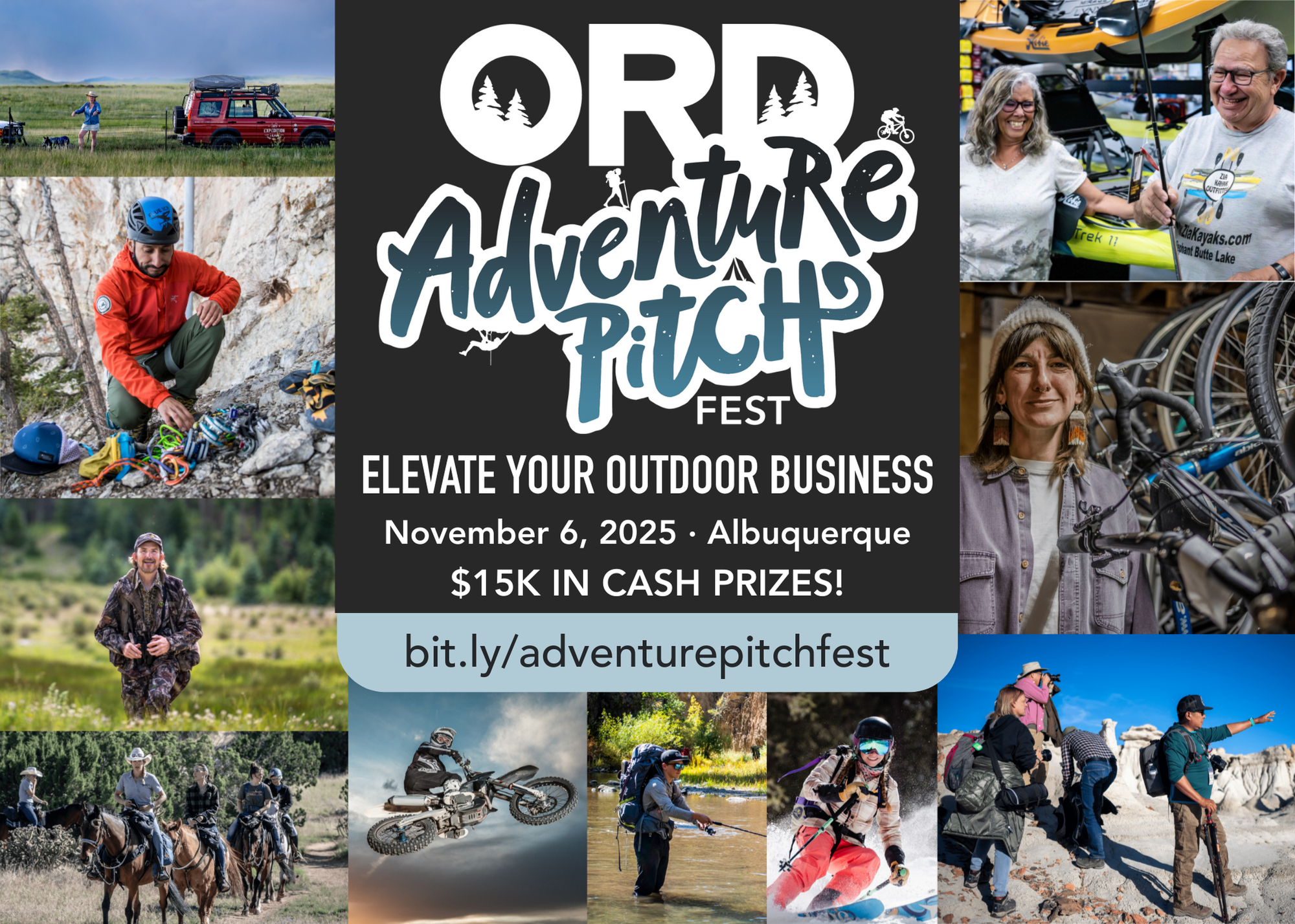 ORD Adventure Pitch Fest flyer with images of a variety of outdoor businesses in action