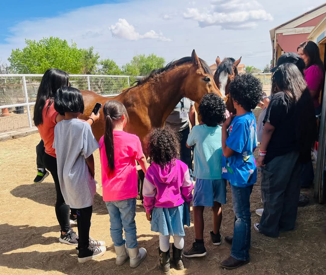 a group of young kids surrounding a pony and admiring it