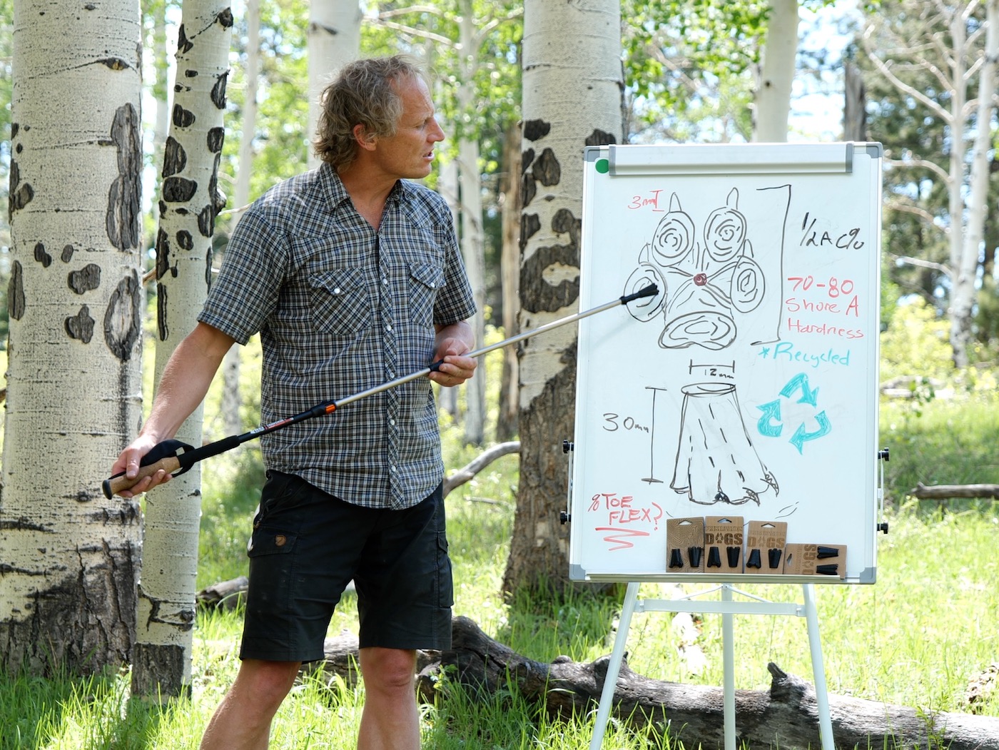 man in a forest using his trekking pole to point at an illustration of his product on a whiteboard