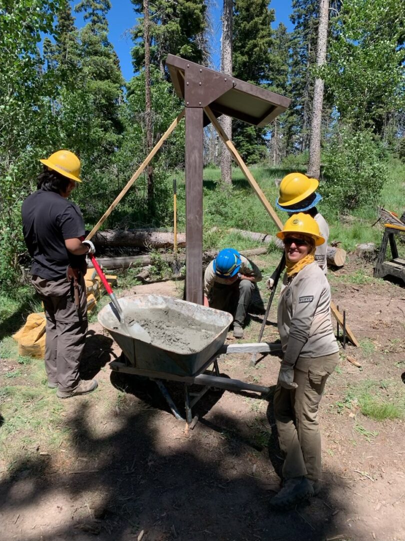 four people in hardhats installing a trailhead kiosk in a forest.