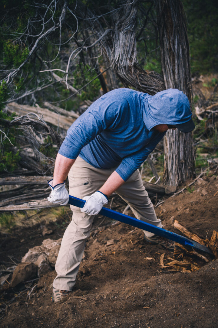 A man digging up a large root as he works on building a new section of trail