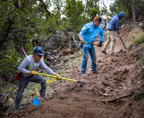 Three men swinging trail tools and building a fresh section of dirt trail
