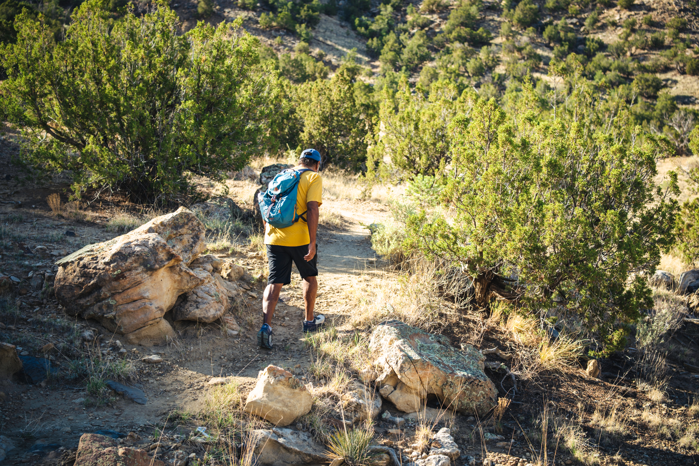 A man hiking along a rocky section of trail surrounded by small juniper trees