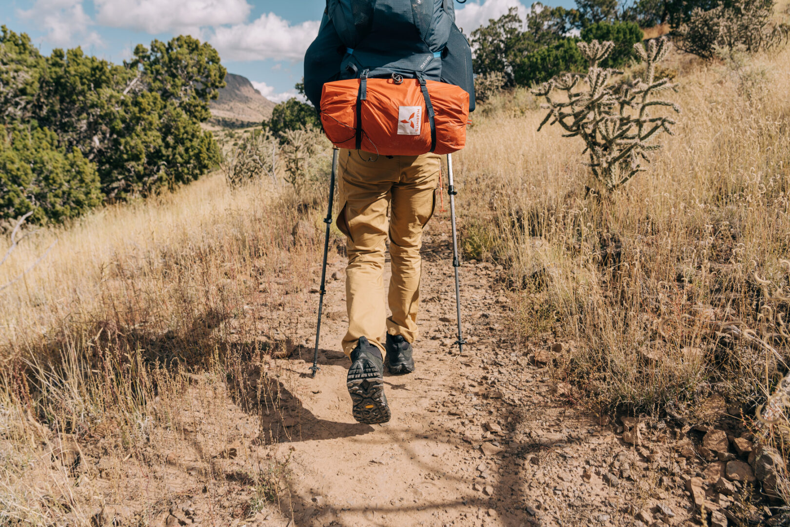 The backside of a backpacker walking along a desert trail