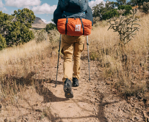 Backside of a backpacker walking along a desert trail