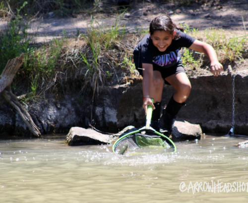 Child excitedly netting a fish from a river bank