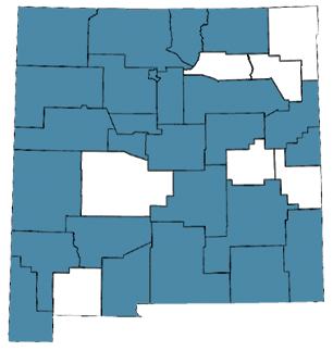 Map of New Mexico with the 26 counties reached shaded blue